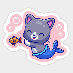 Cute Mermaid Cat With Fish Cartoon Sticker